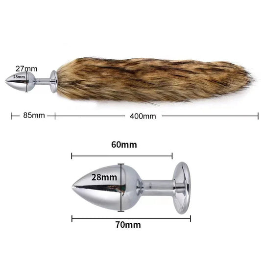 Fox tail butt plug size guide: 40cm tail, 2.8cm wide steel plug