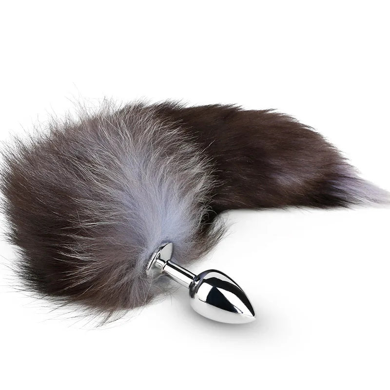 Silver fox faux fur tail butt plug in grey and brown tones