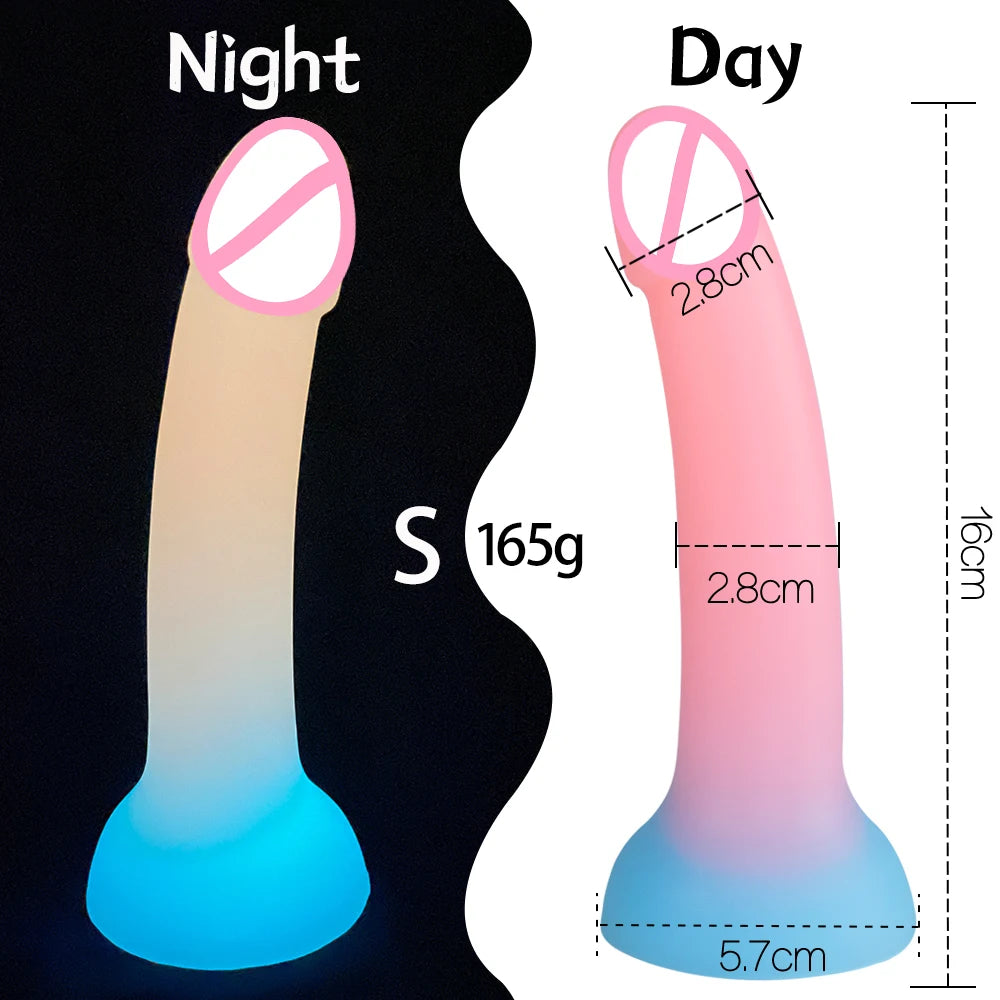 Pink and blue glow-in-the-dark silicone dildo, small