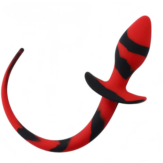 Red and black silicone puppy tail butt plug