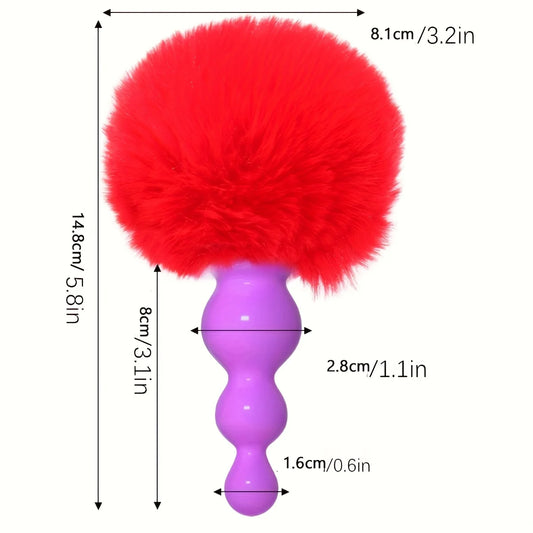 Bunny tail plug size guide: red tail with purple beaded plug