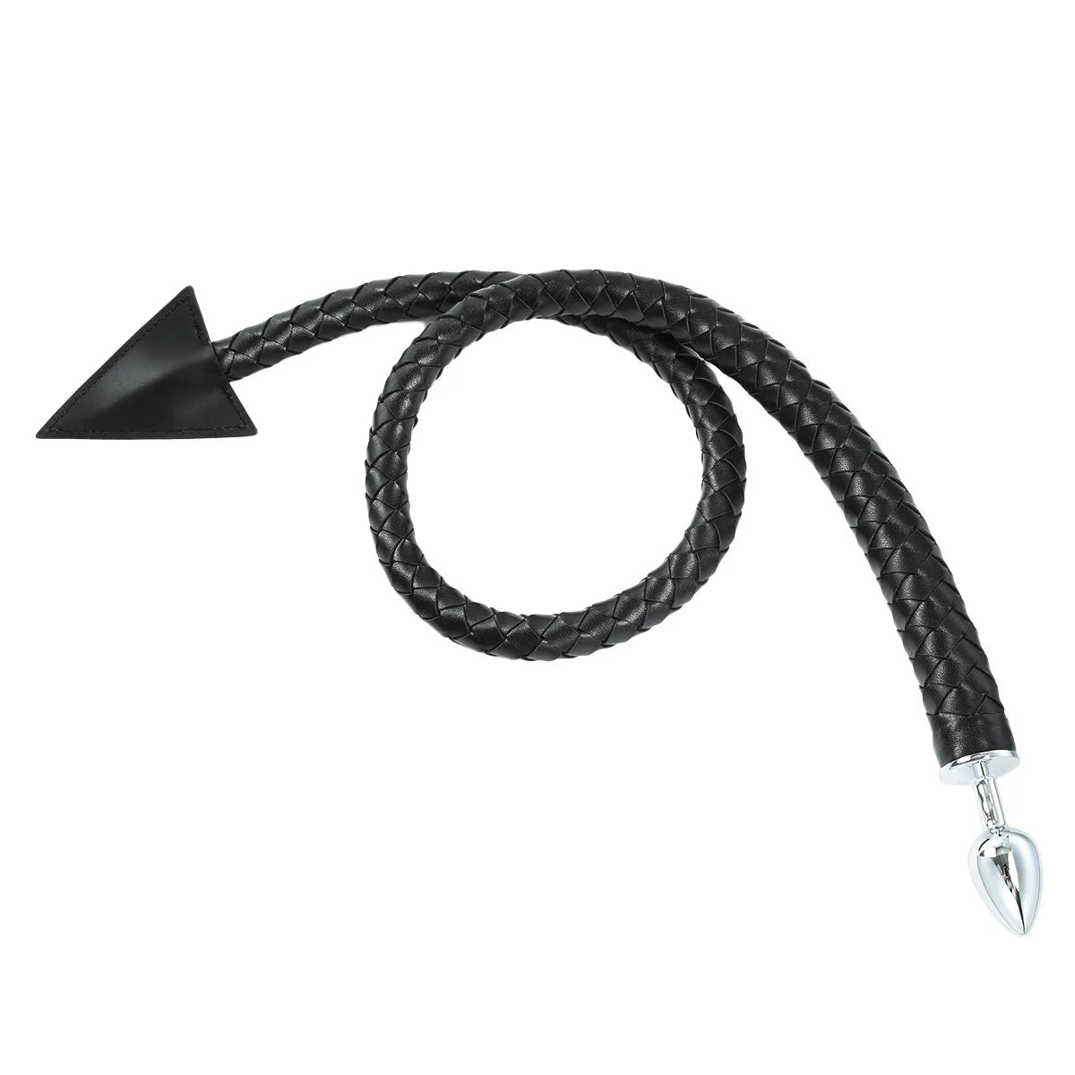 Braided devil tail with metal plug, coiled