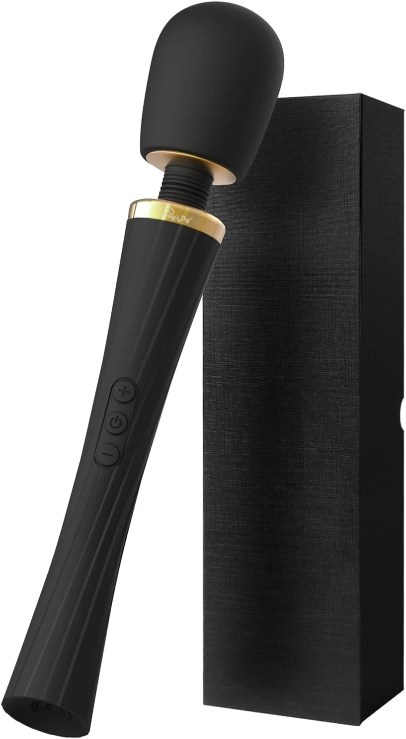 Black handheld massager with gold accents on a white background