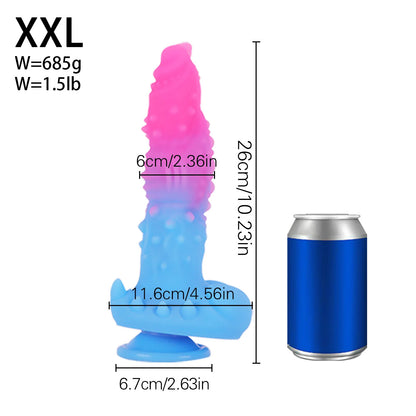 Pink and blue alien dildo, XXL size guide: 26cm long, 6cm wide