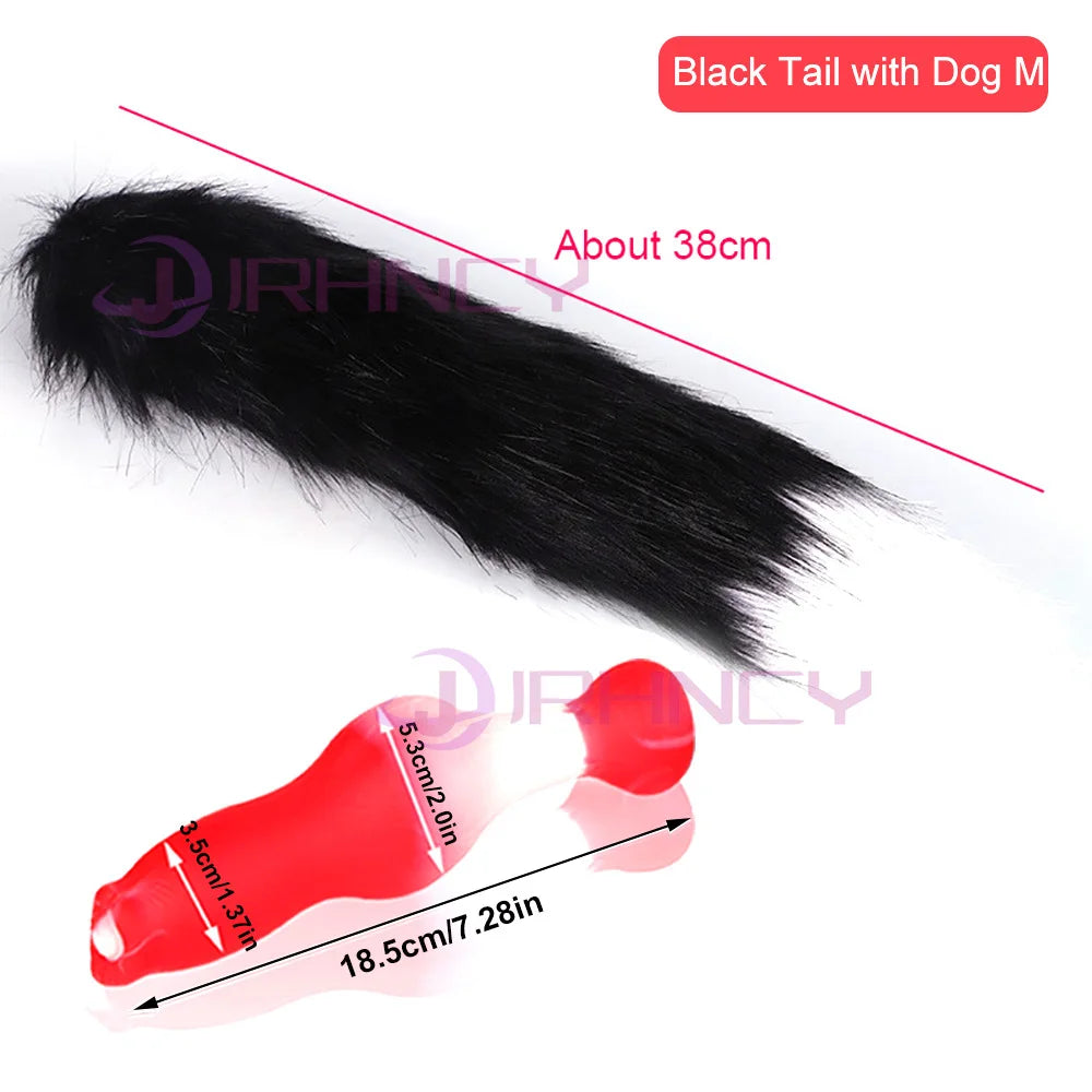 Fluffy black tail with knotted silicone plug, Medium