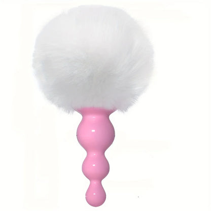 White bunny tail butt plug with pink beaded plug