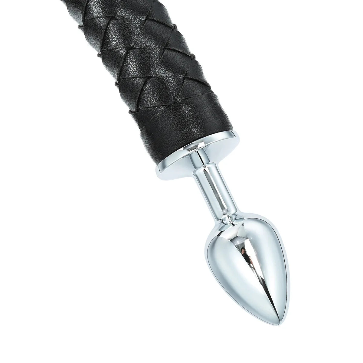 Close-up of the polished metal plug on the braided devil tail
