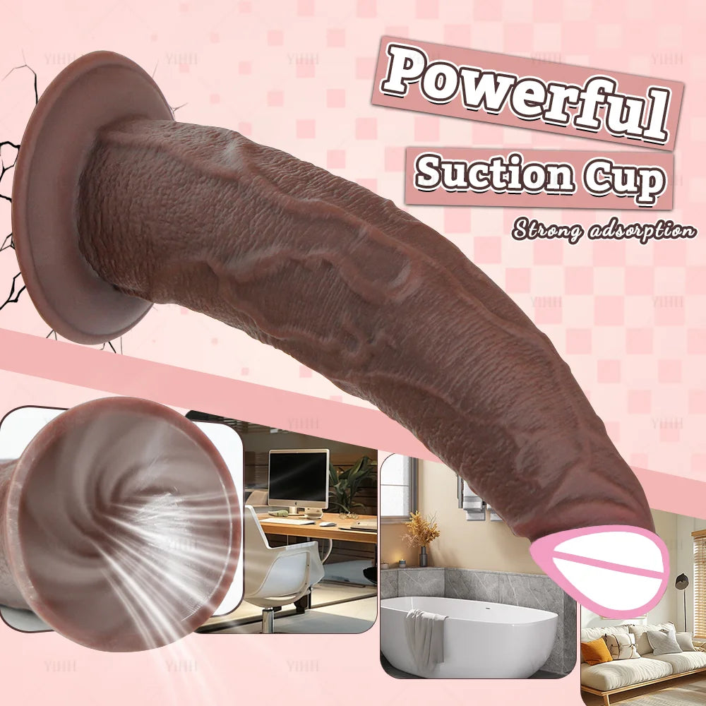 Realistic Curved Silicone Dildo – Dark Brown, suction cup