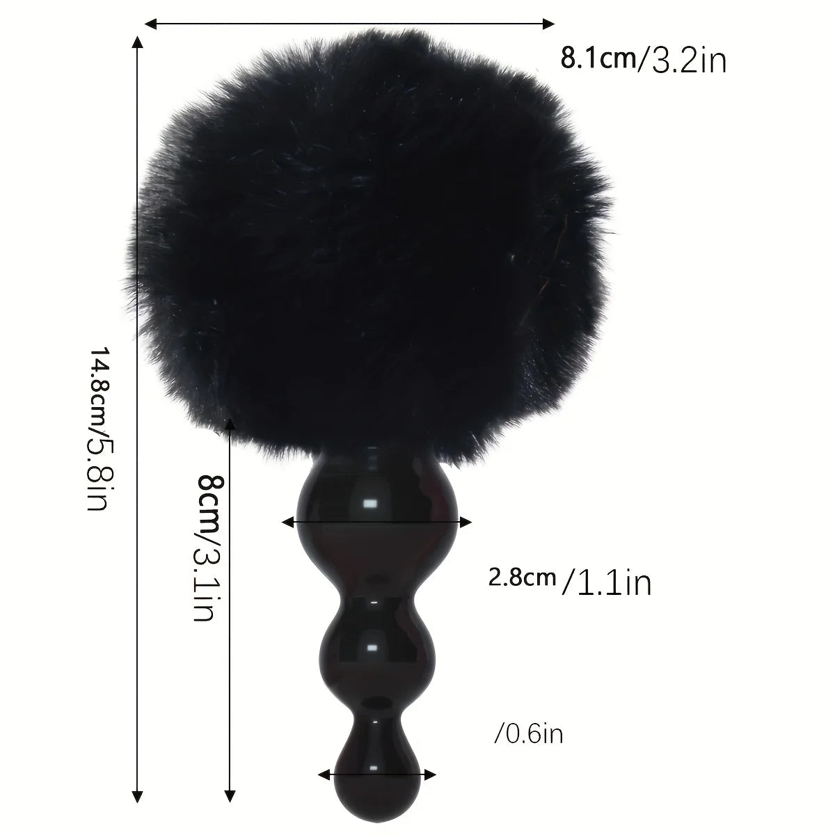 Black bunny tail butt plug with black beaded plug and size measurements