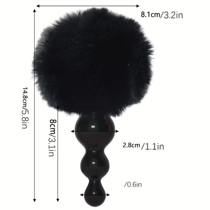 Black bunny tail butt plug with black beaded plug and size measurements