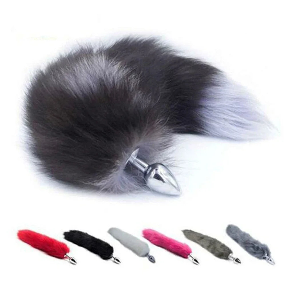 Grey fox tail with stainless steel plug