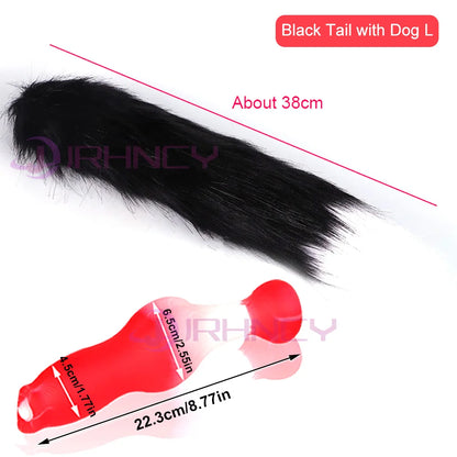 Fluffy black tail with knotted silicone plug, Large