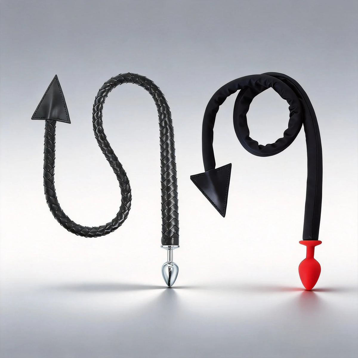 Devil tail butt plugs: braided tail with metal plug and soft tail with red silicone plug