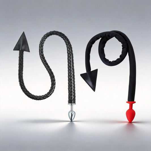 Devil tail butt plugs: braided tail with metal plug and soft tail with red silicone plug