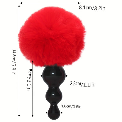 Bunny tail plug size guide: red tail with black beaded plug