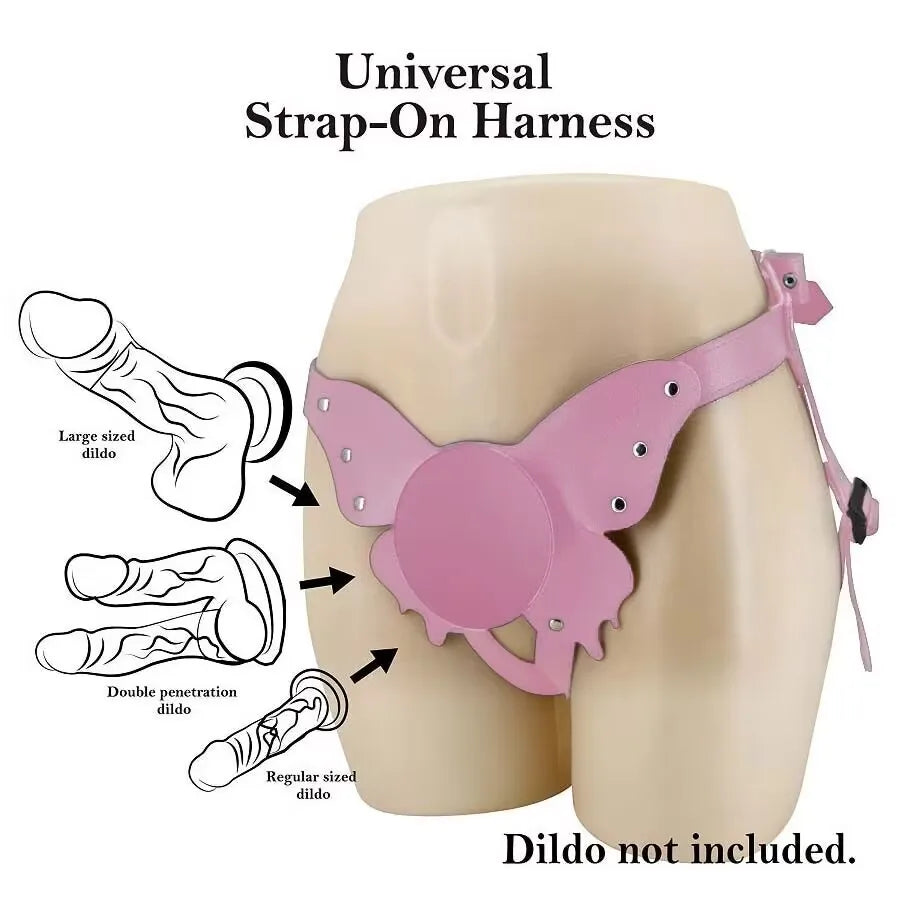 Butterfly harness fits suction-cup dildos