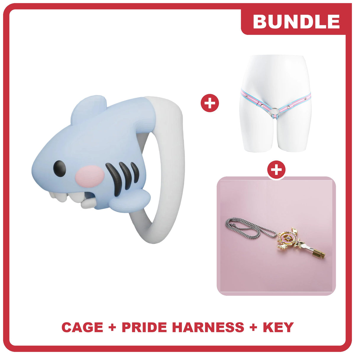 Blåhaj Pride Kit: cage, trans flag harness and Magical Girl key